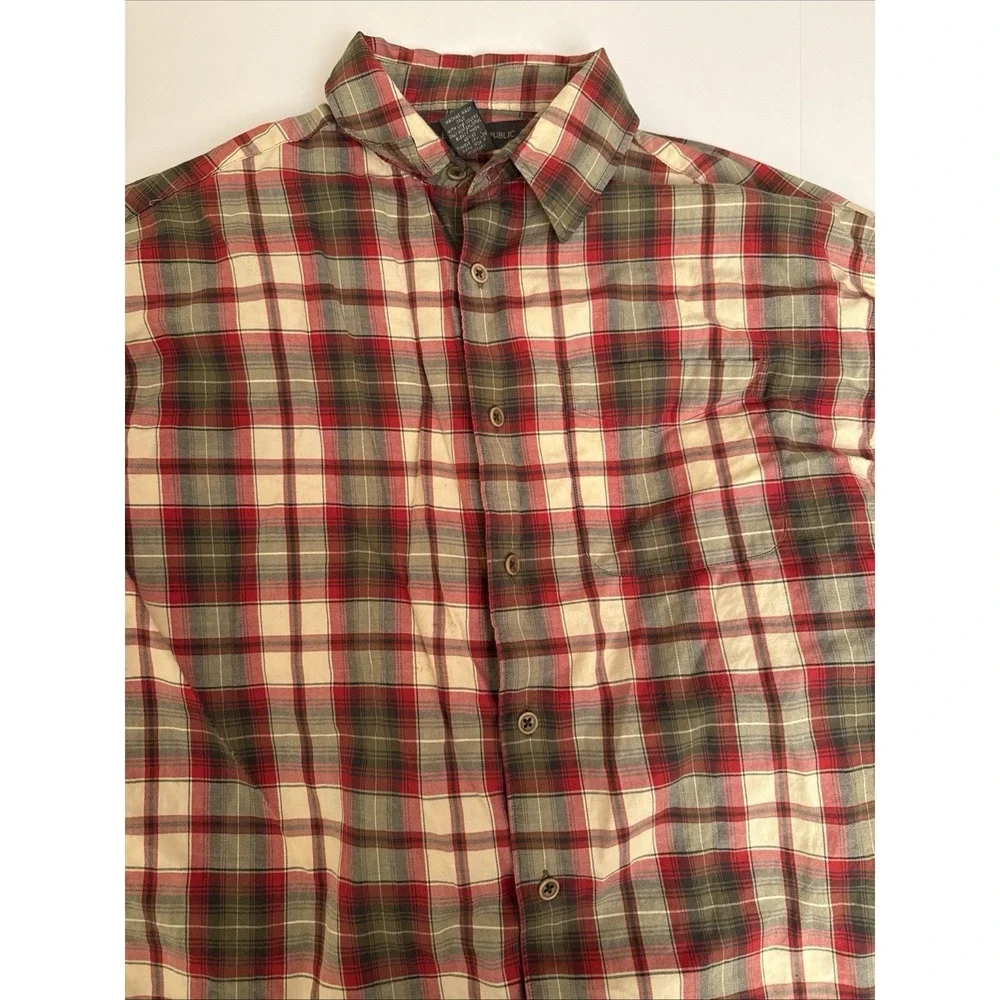 Banana Republic Men Large Shirt Plaid Button Down Cotton Red Green Beige Country